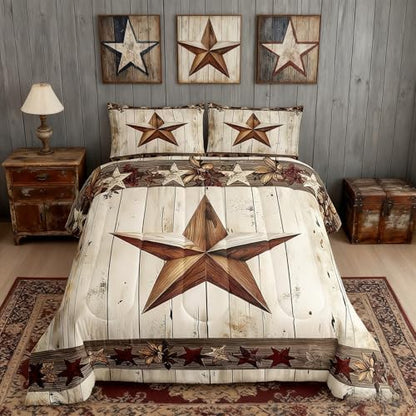 Manfei West Texas Star Comforter Set Full Size, Rustic Farmhouse Quilt Set with 2 Pillowcases, Grey Wooden Plank Bedding Set 3pcs for Kids Boys Teens Room Decor, Lightweight Duvet Insert