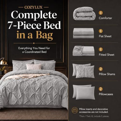CozyLux Oversized Queen Comforter Set French Grey, 7 Pieces Bed in a Bag