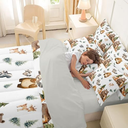 Erosebridal Woodland Animals 7 Piece Comforter Set Twin Bed in A Bag Cartoon Bear Fox Deer Bedding Set Kids Jungle Wildlife Child Sheet Set with Comforter Funny Raccoon Wild Animals Duvet Insert