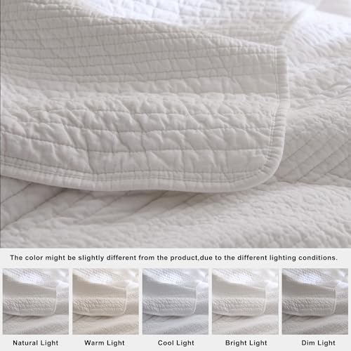 palassio Striped White 100% Cotton Quilt Twin Size Bedding Sets, Lightweight Crinkly Channel Pick Stitch Textured Bedspread Soft Shabby Chic Farmhouse Country Coverlet for All Season, 1 Sham