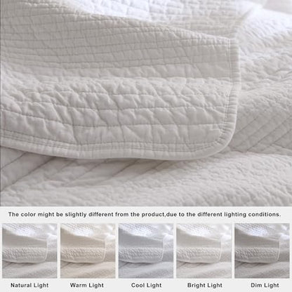 palassio Striped White 100% Cotton Quilt Twin Size Bedding Sets, Lightweight Crinkly Channel Pick Stitch Textured Bedspread Soft Shabby Chic Farmhouse Country Coverlet for All Season, 1 Sham