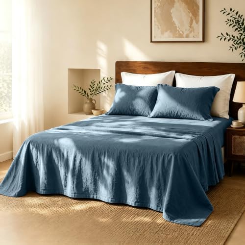 MEISHANG 100% French Linen Sheets California King,4 Pcs,18-24" Deep Pocket