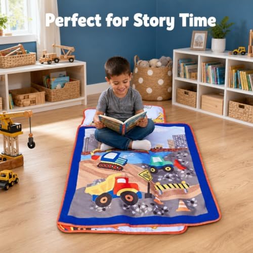 EVERYDAY KIDS Toddler Nap Mat with Removable Pillow -Under Construction- Carry Handle with Fastening Straps Closure, Rollup Design, Soft Microfiber for Preschool, Daycare, Sleeping Bag -Ages 2-6 years