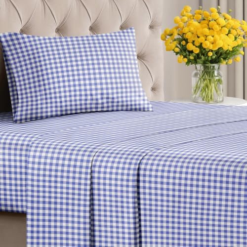 Twin 3 Piece Striped Sheet Set - Soft, Breathable & Cooling - Blue Gingham