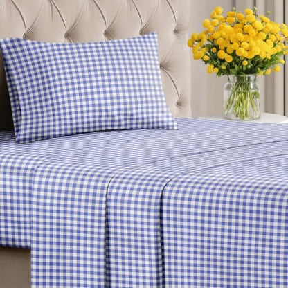 Twin 3 Piece Striped Sheet Set - Soft, Breathable & Cooling - Blue Gingham