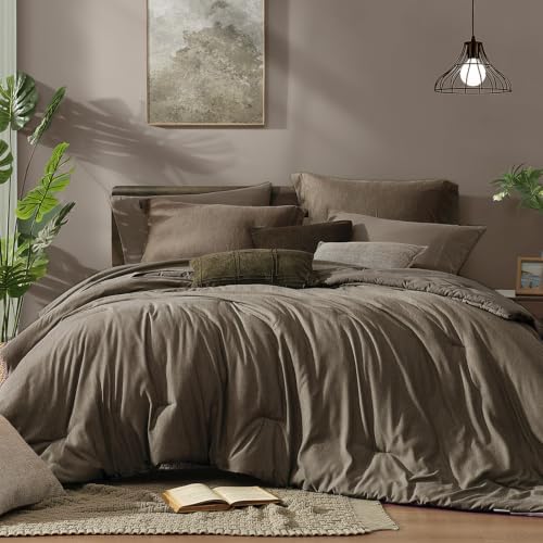 Monbix Queen Comforter Set 7 Pieces Cationic Dyeing Taupe Grey Bed in a Bag