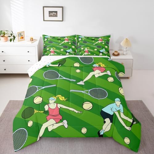 Castle Fairy Tennis Comforter Set Toddler Size for Kids Abstract Cartoon Athlete Bedding Sets All Season Tennis Racket Balls Quilt Set Bedroom Decor Green Geometric Stripes Down Comforter,2Pcs