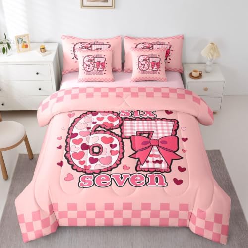 Erosebridal Six Seven Comforter Set King Size 7 Piece Pink 67 Number Print Bedding Set Gift for Kids Girls Birthday,Romantic Love Heart Bow Plaid Bed in A Bag with Flat and Fitted Sheet