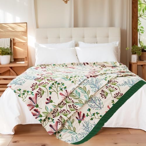 VANJOROY Boho Throw Blanket, 100% Organic Cotton Breathable Ultra Soft 50" x 60" Bed Quilt Throw - All Season Floral Rustic Farmhouse Decor Luxury Reversible Blanket for Sofa Couch Chair and Gift