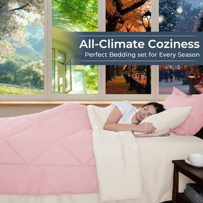 HEVUMYI 7-Piece Full Comforter Set, Pink & Ivory Bed in a Bag