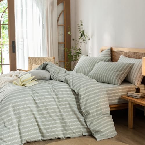 BESTOUCH Striped Cotton Duvet Cover Set Linen Feel Oversized Queen