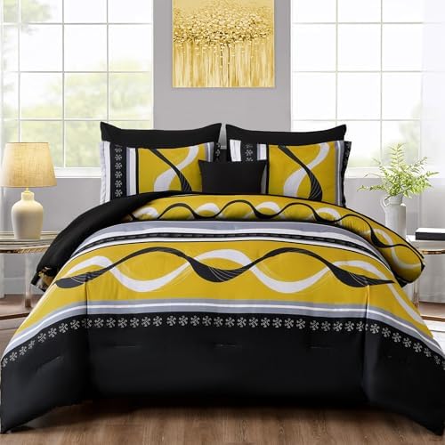 Anibedding Yellow Black Comforter Set Full Size,8 Pieces Bed in a Bag