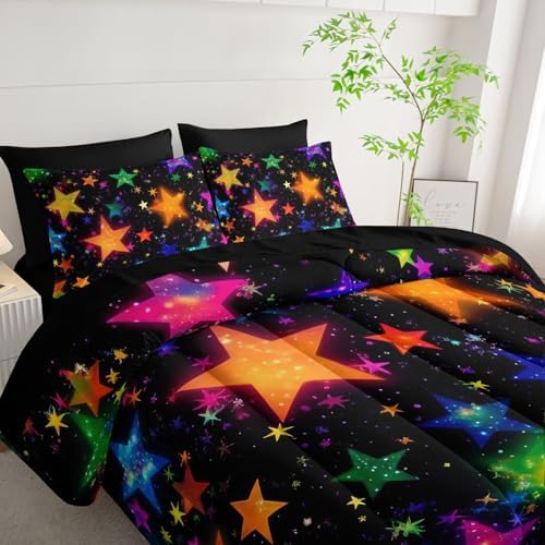7Pcs Colorful Stars Comforter Set Starry Printed Bedding Set with 1 Comforter, 1 Flat Sheet, 1 Fitted Sheet and 4 Pillowcases for Boys and Girls Bedroom (Stars-2 Queen