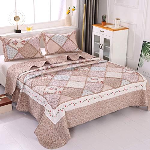 Full/Queen Size Quilt Set Pink Floral Patchwork Bedspreads Bedding Set