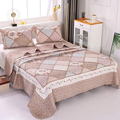 Full/Queen Size Quilt Set Pink Floral Patchwork Bedspreads Bedding Set