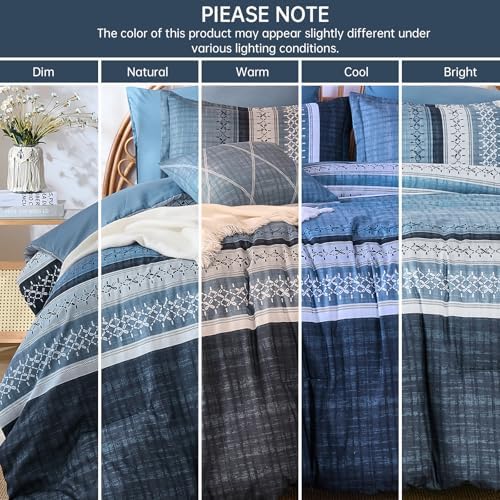 Navy Blue Queen Comforter Size Set, 8 Pieces Striped Texture Bed in a Bag Bedding Sets, Lightweight Soft Comforter and Sheet Set, All Season Microfiber Teen Boys Bedding Sets for Men Women