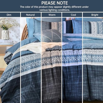 Dintszyayue Navy Blue King Comforter Size Set, 8 Pieces Striped Texture Bed in a Bag Bedding Sets, Lightweight Soft Comforter and Sheet Set, All Season Microfiber Teen Boys Bedding Sets for Men Women