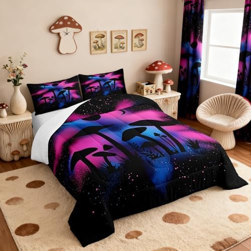 Castle Fairy Mushroom Silhouette Comforter Set Colorful Tie-dye Bedding Set for Kids Girls Women Adults Bohemian Comforter Fungus Plant Quilted Duvet Set Bedroom Collection Twin Size 2Pcs