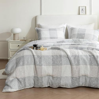 SLEEP ZONE Comforters Full Set, Modern Plaid Bedding Set Gray White 3 Pcs