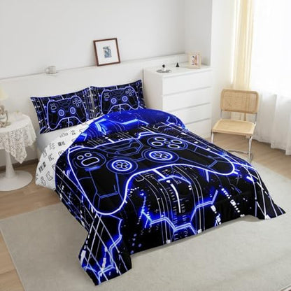 Feelyou Kids Blue Gamer Bedding Set Toddler Size, Honeycomb Gaming Comforter Set Boys Girls Modern Game Console Comforter Gamepad Teens Duvet Set Bedroom Decor Bed Set 2Pcs