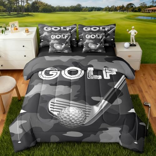 Erosebridal Golf Bedding - Sports Ball Pattern King Comforter Set with Sheets, Camo Golf Print Kids Comforter Sets for Boys Girls 7 Pieces Bed Set Bedroom Decor