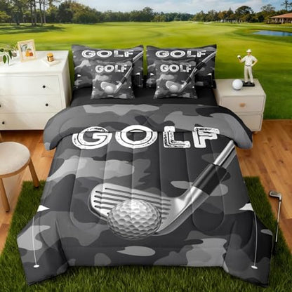 Erosebridal Golf Bedding - Sports Ball Pattern King Comforter Set with Sheets, Camo Golf Print Kids Comforter Sets for Boys Girls 7 Pieces Bed Set Bedroom Decor