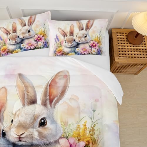 Cute Rabbit King Comforter Set for Kids,Kawaii Bunny Quilt Set for Boys Girls,Rural Farm Animals Fluffy Rabbit Flowers Garden Bed Set,Pink Watercolor Bedding Set for Bedroom Decor