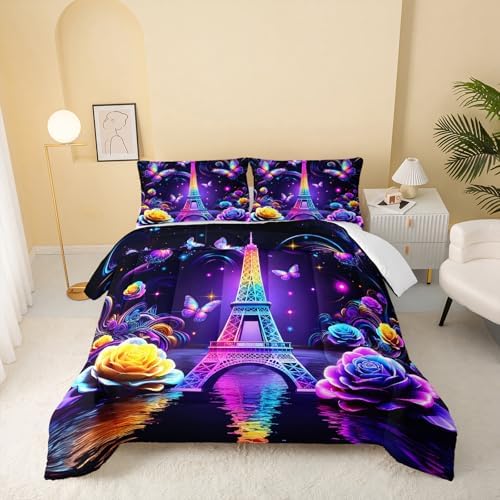 QOOMO Paris Eiffel Tower Kids Comforter Set Full Size