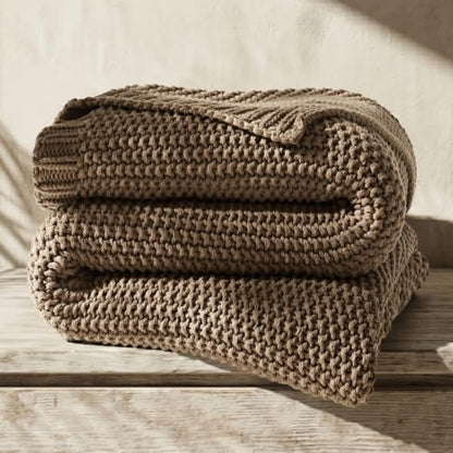 EverGrace Organic Cotton Chunky Knit Throw Blanket, 60 x 80 Stone Taupe