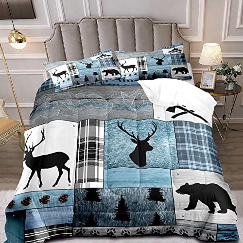LUVIVIHOME 3PCS Rustic Cabin Comforter Set King Size, Farmhouse Bedding, Black Bear Deer Elk Moose Forest Animal Wildlife Hunting Country Lodge Blue Buffalo Plaid Patchwork Quilt, 2 Pillow Shams