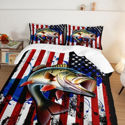 HOSIMA Big Pike Fishing Comforter Set Full for Teens with 2 Pillowcases.