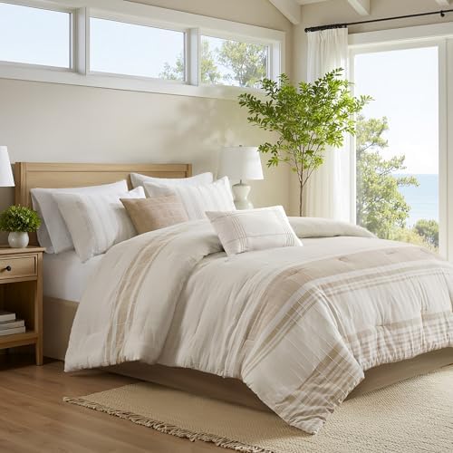 Harbor House Queen Comforter Set, Stripes Clipped Jacquard, Soft Cotton Oversized Comforter for a Queen-Size Bed, Farmhouse Bedding, 2 Shams, Bedskirt, 2 Décor Pillows, Morgan, Queen Ivory/Taupe