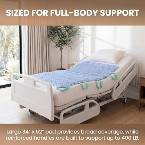 Washable Positioning Bed Pad with 8 Reinforced Handles – 34"x52" Waterproof, Quick-Dry, Absorbent Underpad for Elderly Care, Turning, Lifting & Incontinence Protection (Powder Blue, 34"X52")