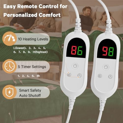 Heated Electric Blanket Queen Size, Dual Control, 84" x 90", Moss