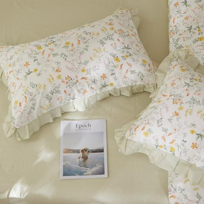 mixinni 100% Cotton Duvet Cover Set Twin XL, Reversible Spring Floral Ruffle Green Striped Bedding for Girls, French Country Cottagecore Aesthetic 3PC Duvet Cover with Zipper Closure & Pillowcases