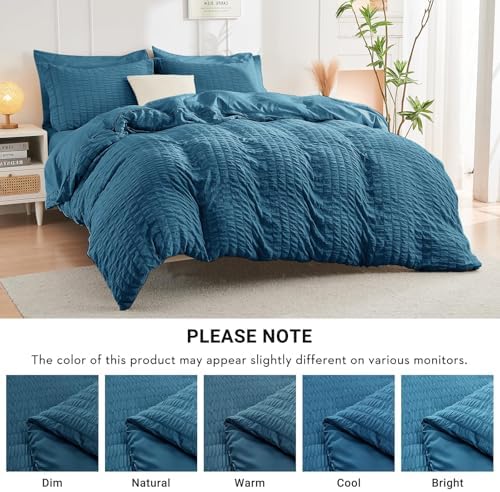 HYMOKEGE Teal King Size Comforter Set Seersucker 7 Pieces, All Season Luxury Bed in a Bag for Bedroom, Bedding Set with Comforters, Sheets, Pillowcases & Shams