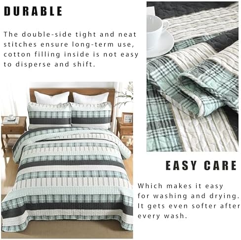 Homzard King Size Quilt Set 100% Cotton Plaid Farmhouse 3PC Bedspread Set