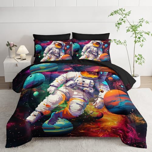 7 Piece Astronaut Themed Comforter Set Queen，Astronaut Bedding for Boys Queen Size，(1 Comforter, 1 Flat Sheet, 1 Fitted Sheet, 2 Pillowcase and 2 Pillow Sham)