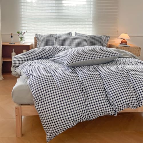 NSNLGSGC Navy Gingham Duvet Cover Set, Twin, Dark Blue Grid