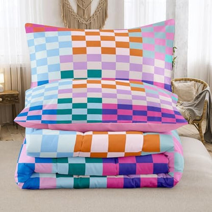 Tailor Shop Plaid Comforter Sets Queen Bedding Set Women Men Checkerboard Grid Bedding Boys Girls Checkered Geometric Room Decor with 2 Pillowcases