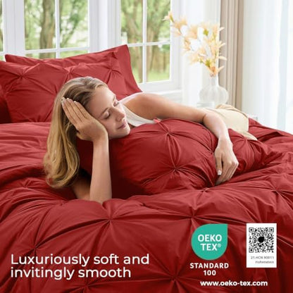 Sasttie Queen Comforter Set, 7-Piece Bed in a Bag, Pintuck Bedding Sets for All Season, Includes Comforter, Flat Sheet, Fitted Sheet, Pillowcases and Pillowshams, Red