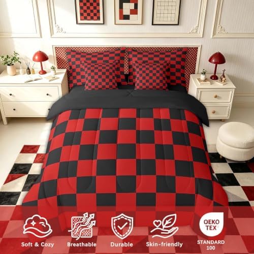 Feelyou Checkered 7 Piece Bedding Set Teen Red Black Plaid Comforter Set with Sheets Queen Size Kids Boys Cute Retro Neutral Checkerboard Geometric Bed in a Bag Vintage Aesthetic Room Decor
