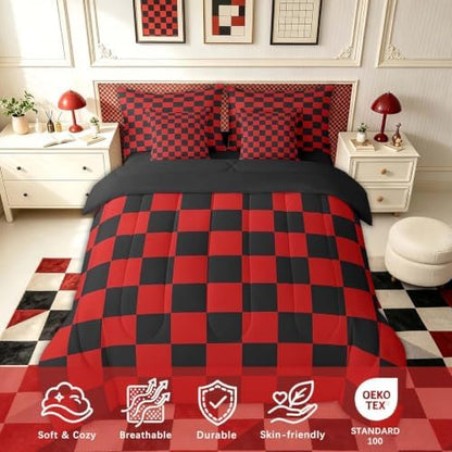 Feelyou Checkered 7 Piece Bedding Set Teen Red Black Plaid Comforter Set with Sheets Queen Size Kids Boys Cute Retro Neutral Checkerboard Geometric Bed in a Bag Vintage Aesthetic Room Decor