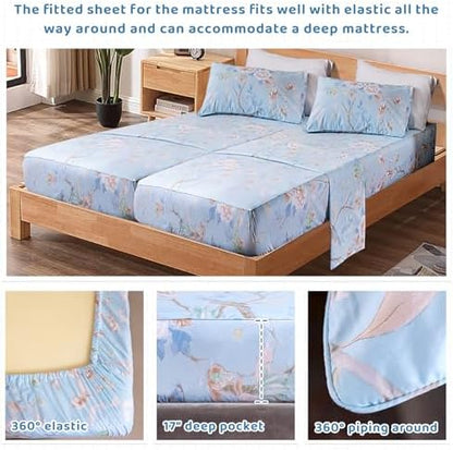 QSH 100% Cotton Floral Sheets for Split King Size Bed, Blue Flowers Plant Pattern Botanical Luxury Cotton Printed Floral Bedding Split King Sheet with Deep Pockets 17" Soft and Breathable 5pcs