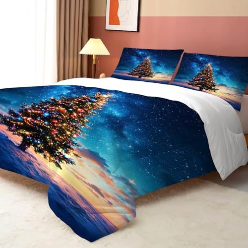 Christmas Tree Comforter Set King Size Galaxy Bedding for Girls Teen Women Blue Xmas Holiday Space Bedroom Quilt Bed Sets, 1 Comforter 2 Pillowcases