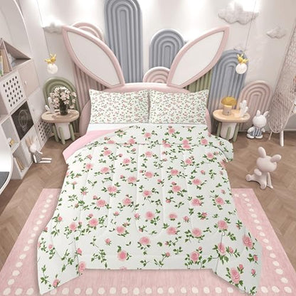 jejeloiu Flower Comforter Set Cute Floral Bedding Set Queen Size