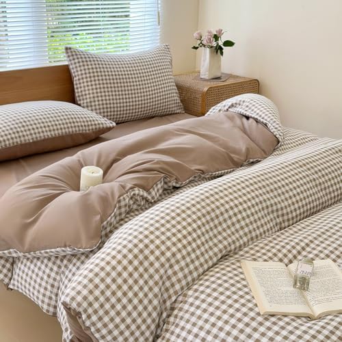 NSNLGSGC Tan Gingham Grid Queen Size Duvet Cover Set