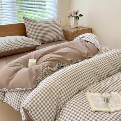 NSNLGSGC Tan Gingham Grid Queen Size Duvet Cover Set