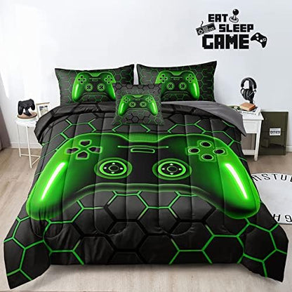 Gamer Bedding Set, 5 Piece Twin Size, Green, for Boys Girls Kids Teens, Video Game Bedding Decorative Bed in a Bag with Comforter, Sheets, Pillow Case, Cushion Cover