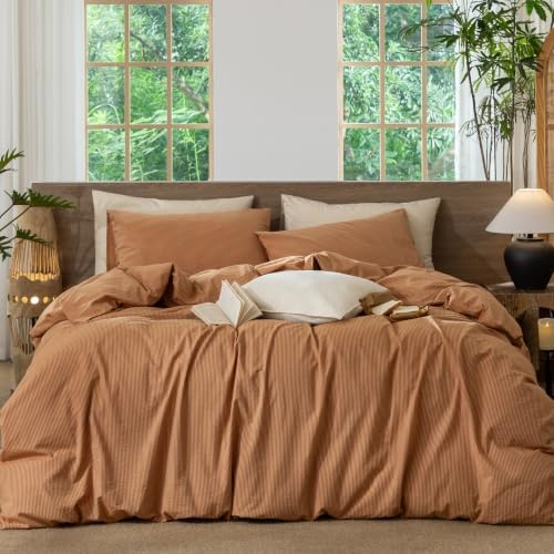 MooMee Striped Duvet Cover Set 100% Washed Cotton Linen Like King